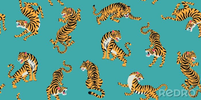 Sticker Vector seamless pattern with cute tigers on background. Fashionable fabric design.