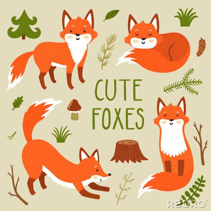 Sticker Vector set van vier schattige vossen een bosplanten. Grappige hand getrokken stripfiguren. Kan worden gebruikt in kinderachtige posters, kaarten, uitnodigingen en andere.