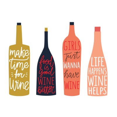 Sticker Vector set with bottles of wine and champagne with lettering and calligraphy quotes.