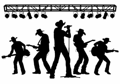 Sticker Vector silhouettes of a country music band performing on stage.