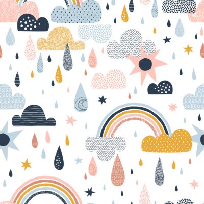 Behang Vector sky seamless pattern with clouds, rain drops, rainbow, sun. Cute doodle decorative scandinavian print for textile, fabric, apparel gender-neutral kid nursery design