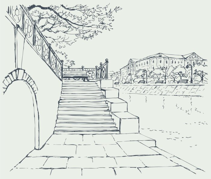 Sticker Vector stadsgezicht. Een oude stenen kade. Stappen om het steegje