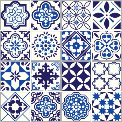Sticker Vector tegel patroon, Lissabon bloemen mozaïek, Mediterrane naadloze marine blauw ornament