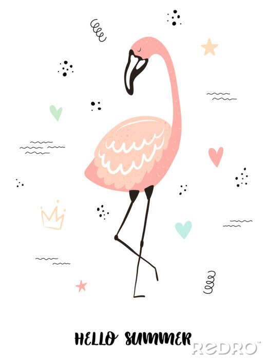 Sticker Vector tropical illustration of a cute flamingo with hearts, stars, dots, waves. Hand-drawn exotic poster for kids, holidays, clothes, decor, textile, fabric, cards. Hello summer