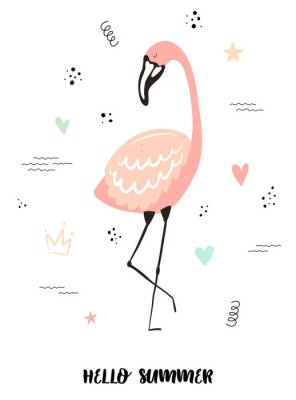 Sticker Vector tropical illustration of a cute flamingo with hearts, stars, dots, waves. Hand-drawn exotic poster for kids, holidays, clothes, decor, textile, fabric, cards. Hello summer