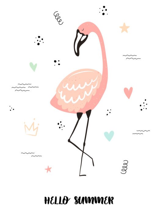 Sticker Vector tropical illustration of a cute flamingo with hearts, stars, dots, waves. Hand-drawn exotic poster for kids, holidays, clothes, decor, textile, fabric, cards. Hello summer