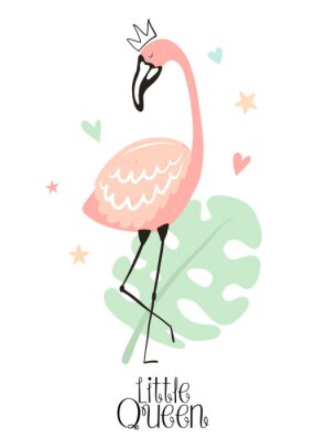 Vector tropical illustration of a flamingo in the crown with monstera, hearts, stars. Hand-drawn summer exotic poster for kids, holidays, clothes, decor, textile, fabric, card. Little Queen
