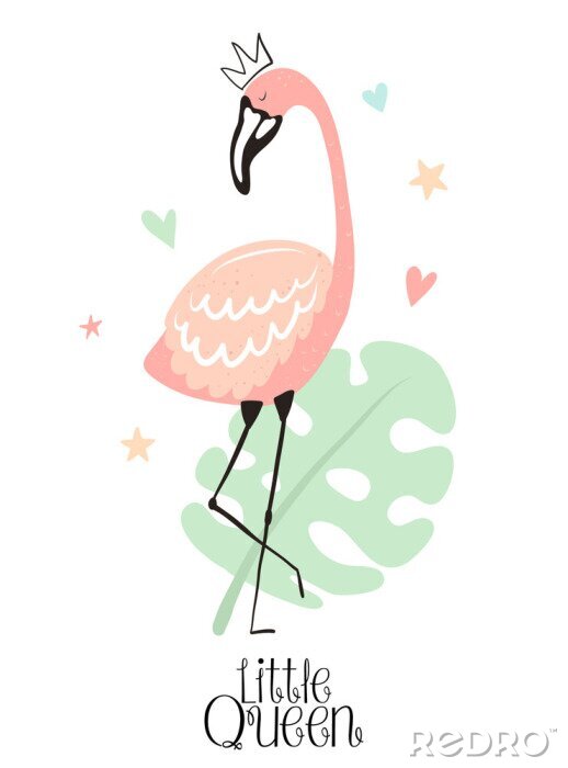Sticker Vector tropical illustration of a flamingo in the crown with monstera, hearts, stars. Hand-drawn summer exotic poster for kids, holidays, clothes, decor, textile, fabric, card. Little Queen