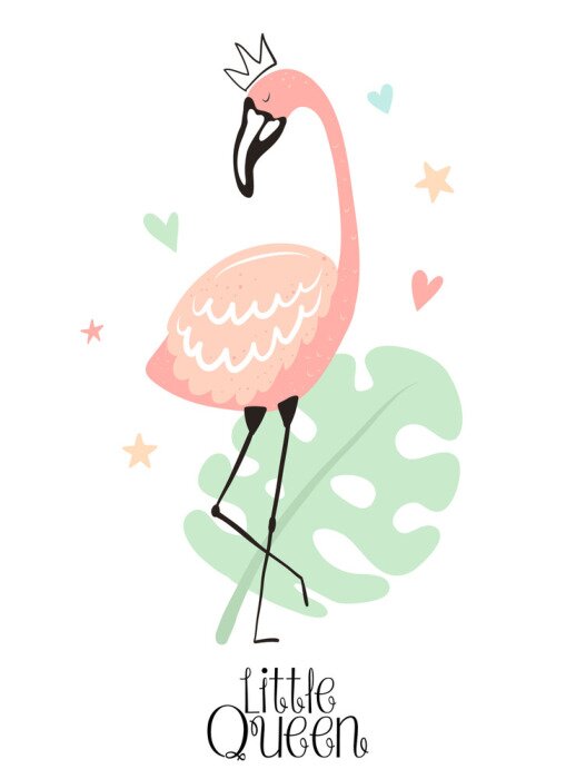 Sticker Vector tropical illustration of a flamingo in the crown with monstera, hearts, stars. Hand-drawn summer exotic poster for kids, holidays, clothes, decor, textile, fabric, card. Little Queen