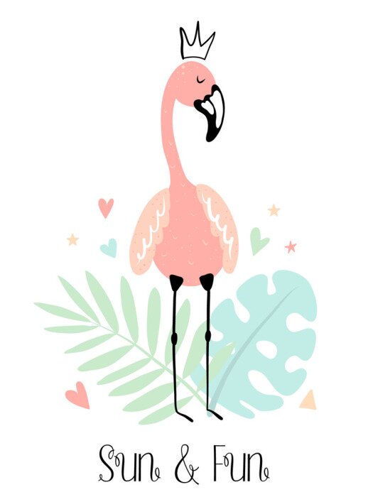 Sticker Vector tropical illustration of a flamingo in the crown with monstera, leaf, hearts, stars. Hand-drawn summer exotic poster for kids, holidays, clothes, decor, textile, fabric, card. Sun and Fun