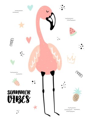Vector tropical illustration of a flamingo with strawberry, pineapple, watermelon, hearts. Hand-drawn exotic poster for kids, holidays, clothes, decor, textile, fabric, cards. Summer vibes