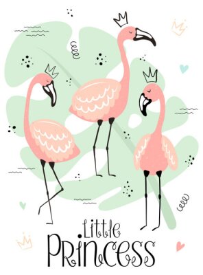 Vector tropical illustration of cute flamingos in the crown on the monstera background. Hand-drawn summer exotic poster for kids, holidays, clothes, decor, textile, fabric, card. Little Princess