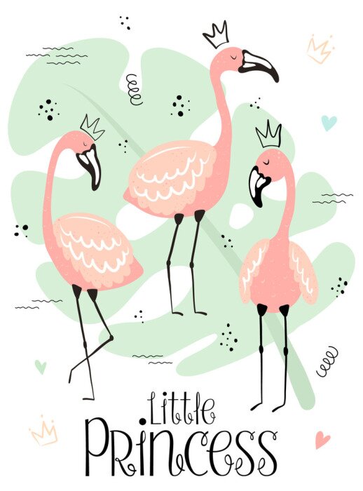 Sticker Vector tropical illustration of cute flamingos in the crown on the monstera background. Hand-drawn summer exotic poster for kids, holidays, clothes, decor, textile, fabric, card. Little Princess