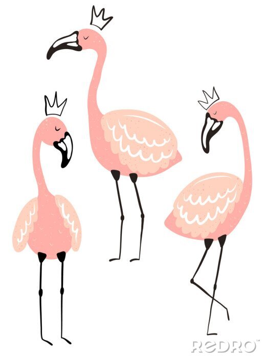 Sticker Vector tropical illustration of cute isolated flamingos in the crown. Hand-drawn summer exotic poster for kids, holidays, clothes, decor, textile, fabric, card.