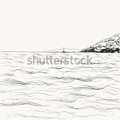 Sticker Vector zomer zeegezicht schets. Uitzicht op zee en de bergen