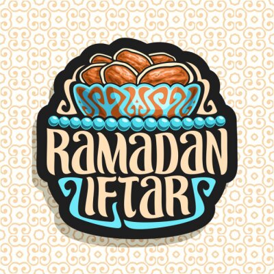 Sticker Vectorembleem voor Ramadan Iftar, zwart teken met stapel van Islamitische vastenvoedsel - droge data in oude bronskom en blauwe gebedparels of moslimrozentuin, originele borstellettersoort voor ramada