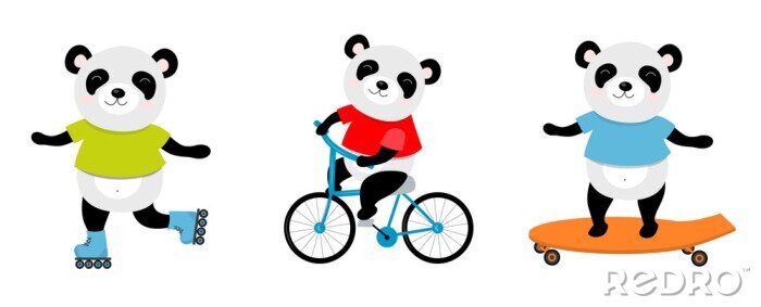 Sticker Vectorillustratie van sportieve panda op een fiets, rolschaatsen, skate. Perfect voor briefkaart, babyboek, poster, banner