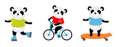 Sticker Vectorillustratie van sportieve panda op een fiets, rolschaatsen, skate. Perfect voor briefkaart, babyboek, poster, banner