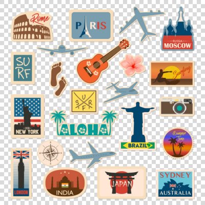 Sticker Vectorreissticker en etiketreeks met beroemde landen, steden, monumenten, vlaggen en symbolen in retro of uitstekende stijl. Omvat Italië, Frankrijk, Rusland, de VS, Engeland, India, Japan enz