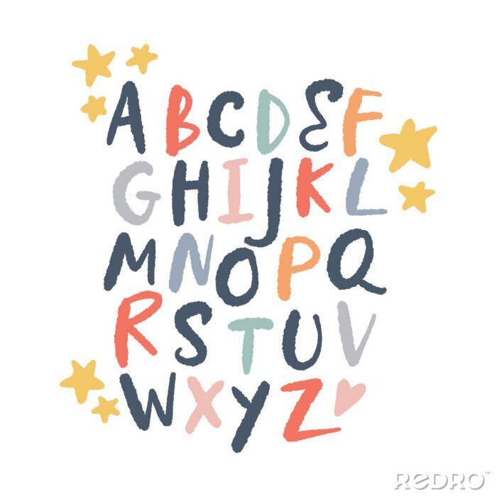 Sticker Veelkleurig alfabet met sterren en hartjes
