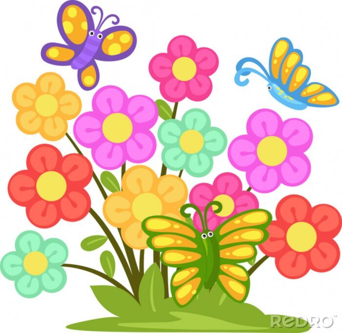 Sticker Veelkleurige bloemen en vlinders kinderillustratie
