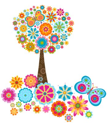 Sticker Veelkleurige boomafbeelding samengesteld uit bloemen