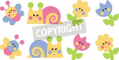 Sticker Veelkleurige eenvoudige afbeeldingen van bijen en slakken bloemen