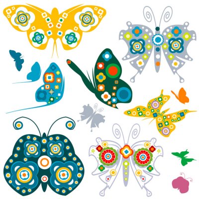 Veelkleurige vlinders met bloemen op de vleugels