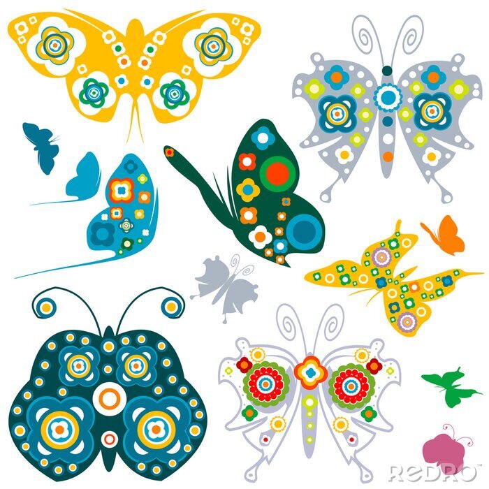 Sticker Veelkleurige vlinders met bloemen op de vleugels