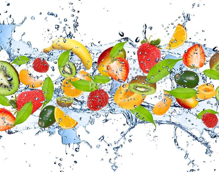 Sticker Vers fruit in het water splash, geïsoleerd op witte achtergrond