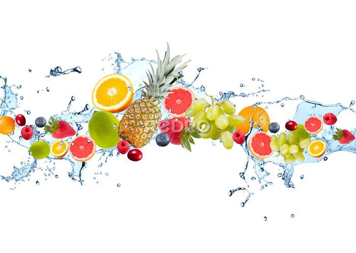 Sticker Vers fruit vallen in het water splash, geïsoleerd op een witte achtergrond