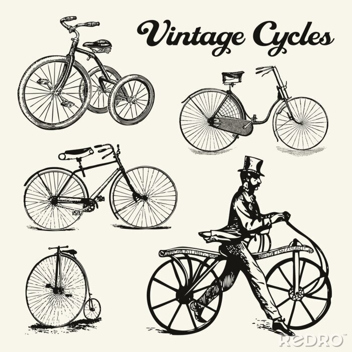 Sticker Verschillende fietsen in vintage stijl