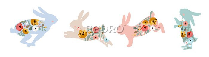 Sticker Verschillende gekleurde silhouetten van konijnen met bloemen