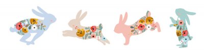 Sticker Verschillende gekleurde silhouetten van konijnen met bloemen