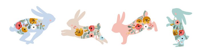 Sticker Verschillende gekleurde silhouetten van konijnen met bloemen