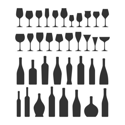 Sticker Verschillende soorten wijnglazen en flessen pictogramserie. Wijnglas en fles vector zwarte silhouet collectie iconen.