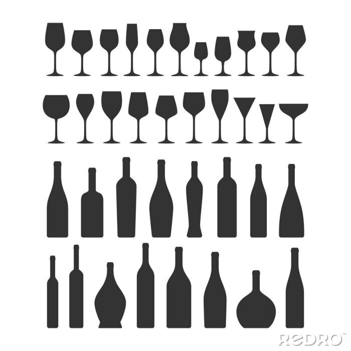 Sticker Verschillende soorten wijnglazen en flessen pictogramserie. Wijnglas en fles vector zwarte silhouet collectie iconen.