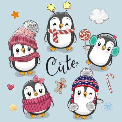 Sticker Verzameling van cute cartoon kerstpinguïns