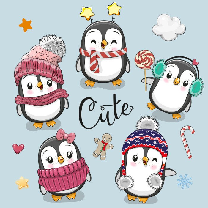 Sticker Verzameling van cute cartoon kerstpinguïns
