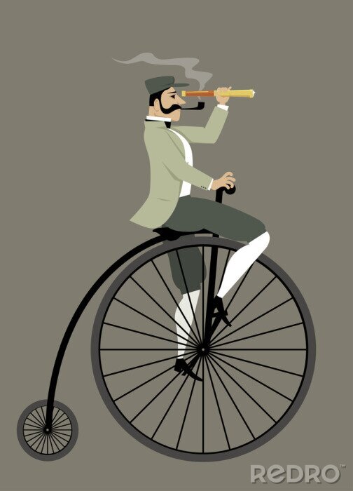 Sticker Victoriaanse gentleman met een pijp en een telescoop rijden op een stuiver-farthing fiets, EPS 8 vector illustratie