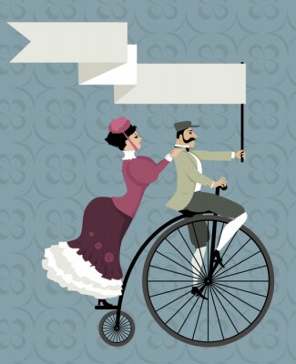Sticker Victoriaanse tijdperk paar rijden op een stuiver-farthing fiets, die een lege banner boven hun hoofd, EPS 8 vector illustratie, geen transparanten