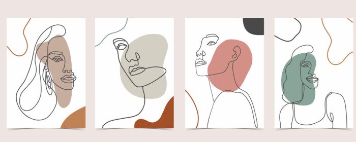 Sticker Vier abstracte minimalistische vrouwenportretten