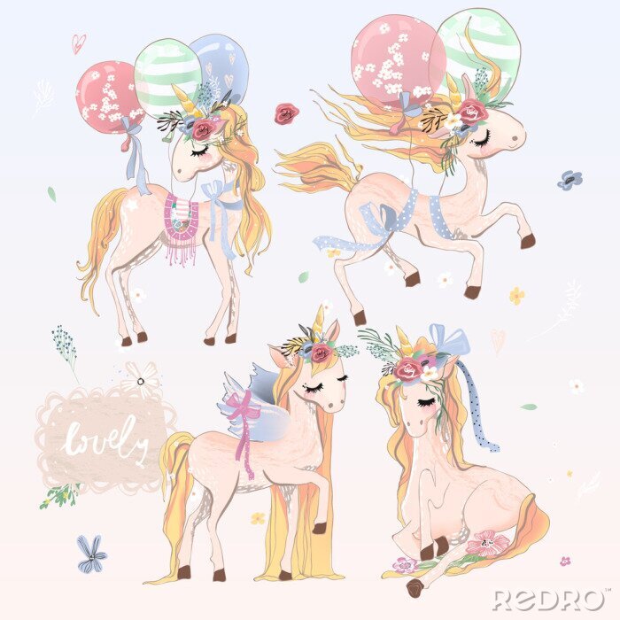Sticker Vier eenhoorns in verschillende poses en ballonnen