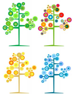 Sticker Vier kleurrijke illustraties van minimalistische boomafbeeldingen