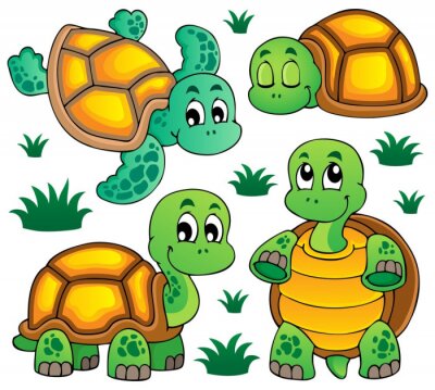 Vier schattige schildpadden in verschillende poses
