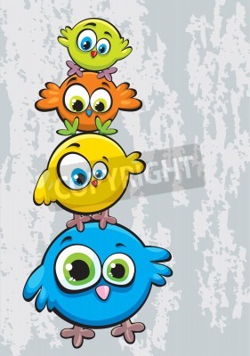 Sticker Vier verschillend gekleurde vogels die bovenop elkaar staan