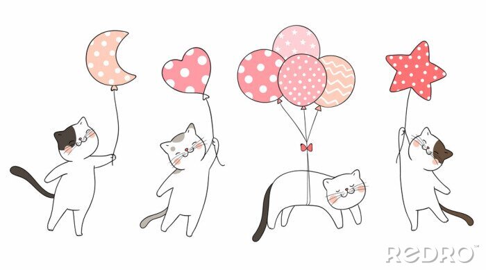 Sticker Vier witte katten met ballonnen
