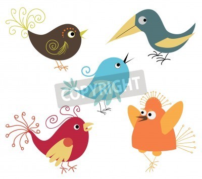 Sticker Vijf kleurrijke vogels eenvoudige illustratie