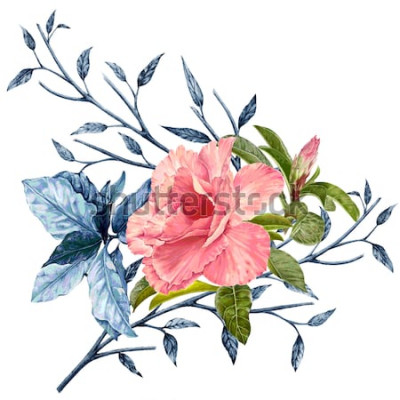 Sticker Vintage bloemen met blauwe bladeren
