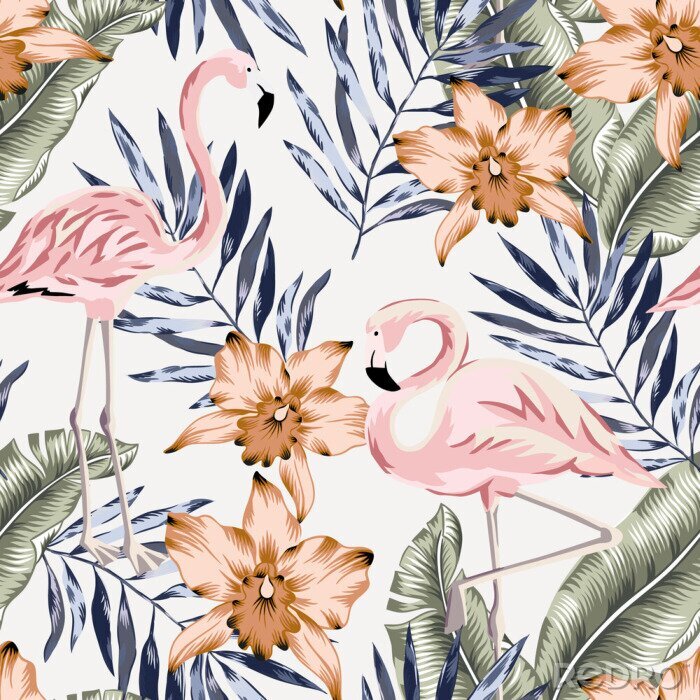Sticker Vintage flamingo's en bloemen